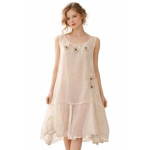 Cream Ramie Dress Semi Sheer Floral Applique Asym Hem Lagenlook Sleeveless L